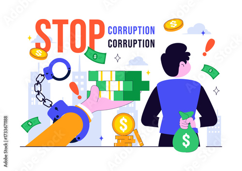 International Anti Corruption Day Illustration Featuring a Stop Giving Money Message with Dollar Coins, Prohibition Sign, and Chains in a Background