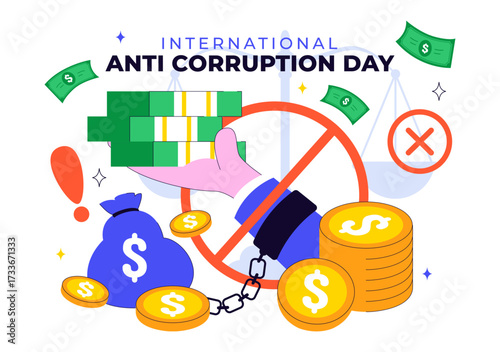 International Anti Corruption Day Illustration Featuring a Stop Giving Money Message with Dollar Coins, Prohibition Sign, and Chains in a Background