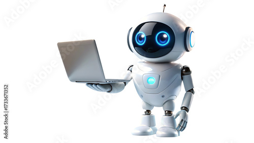 A cute robot holding a laptop isolated on transparent background, showcasing artificial intelligence and technological advancement