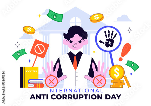 International Anti Corruption Day Illustration Featuring a Stop Giving Money Message with Dollar Coins, Prohibition Sign, and Chains in a Background