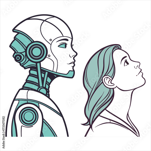 Female robot and human heads side by side