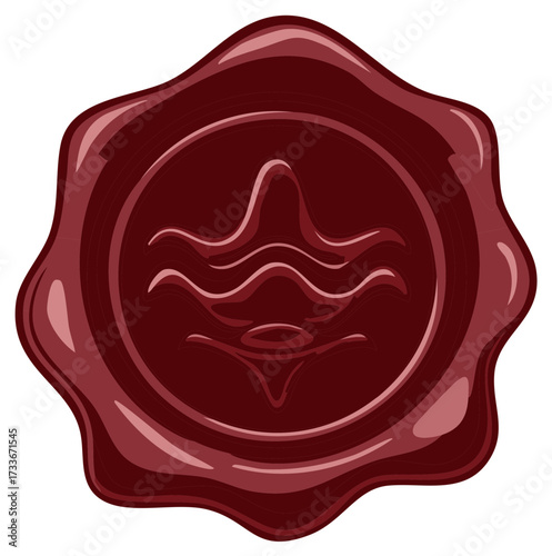 Maroon colored wax seal with central design features abstract waves and lines