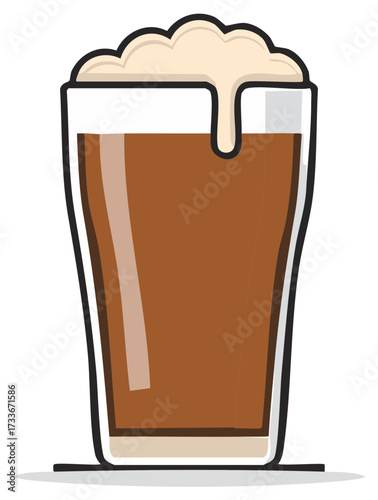 Classic pint glass filled with dark beer and overflowing frothy head vector illustration