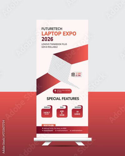 Gadget Conference Roll-Up Banner Design for Technology Expo, Laptop Event, and Product Promotion