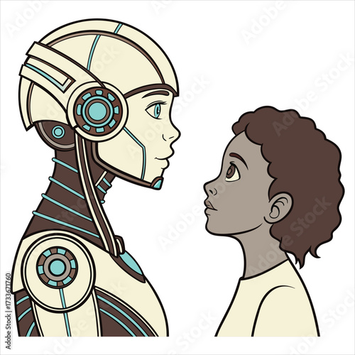 Female robot and human heads side by side