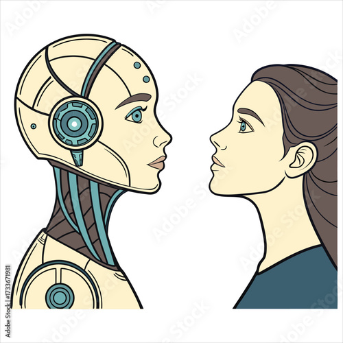 Female robot and human heads side by side