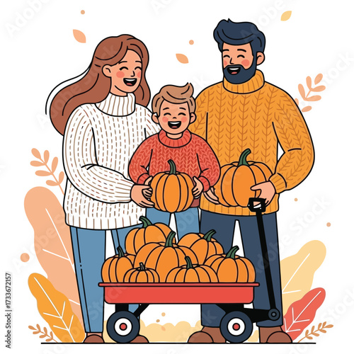 Happy family enjoys autumn pumpkin patch picking fun with a wagon full of gourds 