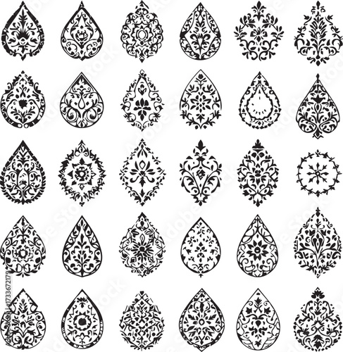 Ornamental motif icon set in black and white — 5x6 grid of teardrop and oval designs with floral, paisley, and henna-style patterns
