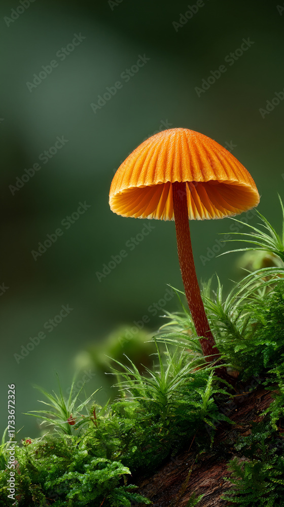 Fototapeta premium Single mushroom emerging on mossy forest floor symbolizing growth resilience mystery and the quiet beauty of nature in a serene woodland atmosphere.