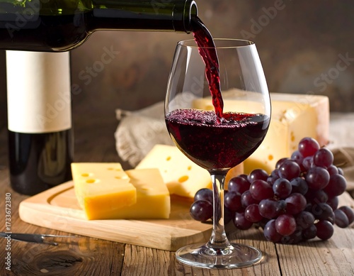 Red wine poured into a glass, with cheese and grapes