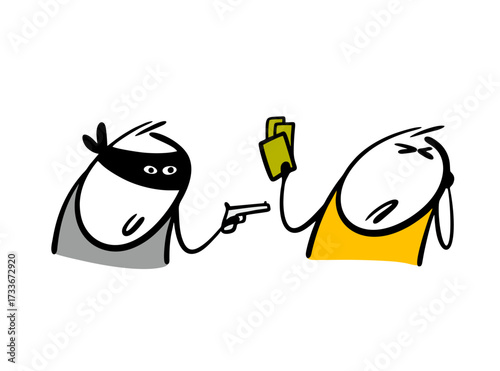 Cartoon robber in a black mask attacked a passerby, takes money. Vector illustration the unfortunate stickman squeezed his eyes shut, scared, gives cash.