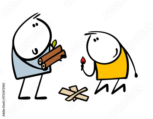 Cartoon group of people on a camping trip collect firewood and make doodle bonfire. Vector illustration of stickman brought tree branches,  boy lights a match.