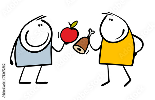 Two friends exchange food. Vector illustration of a vegetarian giving fruit apple, doodle  stickman holding a bone with meat. Cartoon argument about the benefits of food.