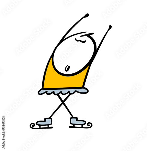 Beautiful girl performs on the ice showing tricks in figure skating. Vector illustration of an athlete in  skirt, fashionable skates. Winner of the competition. Winter dance or ballet in the cold.