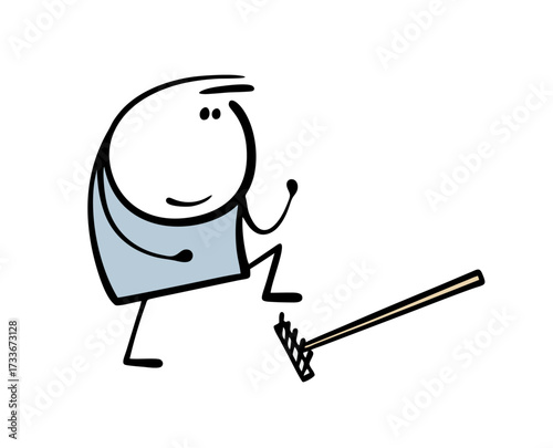 Cartoon stickman goes and steps on the rake. Vector illustration of a farmer and a working tool for harvesting grass. Funny passerby met an obstacle.