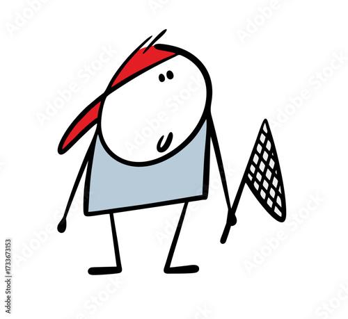 Cartoon naive little boy in a red cap went outside to walk and catch butterflies. vector illustration of a child holding a net for hunting insects.