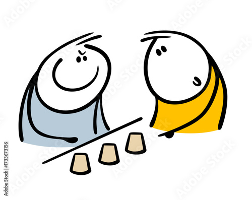 Cartoon naive passerby and an experienced scammer. Vector illustration of a clever trick, a street game with a ball and cups. Doodle Stickman points with his finger.