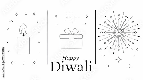 Illustration featuring a candle, a gift box, and fireworks with happy diwali text in black and white style