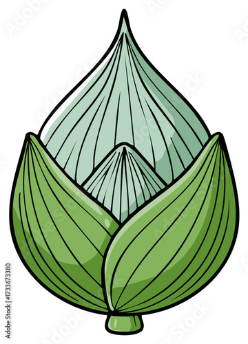 Green bud with layered petals, a stylized plant illustration with defined outlines