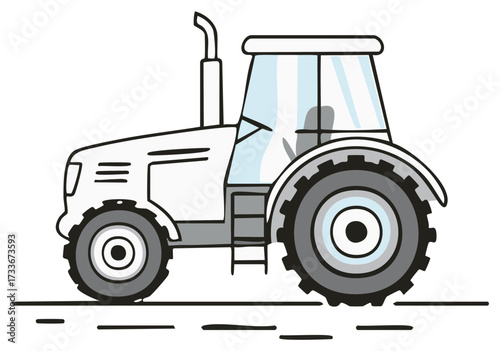 Simple line art illustration of a modern farm tractor. Agricultural vehicle side view vector icon.