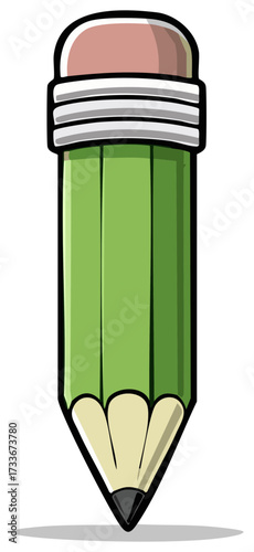 Cartoon green pencil illustration with eraser and shadow for education concept.