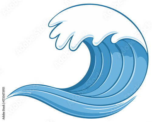 Dynamic Ocean Wave Illustration Curling with Foaming Crests and Blue Water Cascading Downward Symbolizing Ocean Power