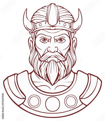 Ferocious Bearded Warrior Portrait with Horned Helmet and Armor Illustration