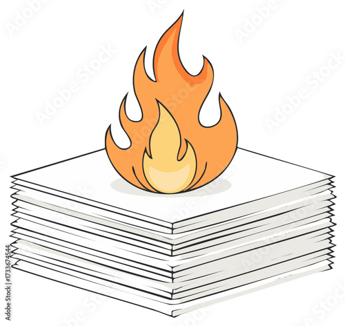 Cartoon fire flame burning atop a stack of white paper documents. Illustrated concept.