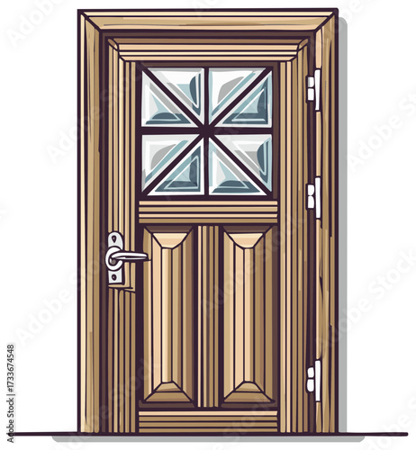 Classic wooden front door with intricate glass panels and a stylish handle traditional home entry illustration