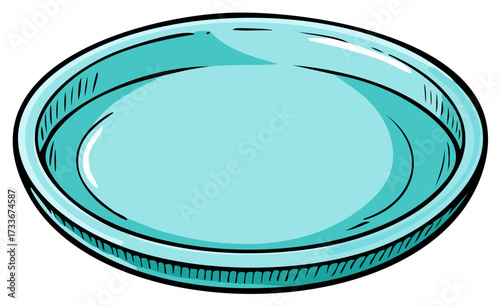 Empty Light Blue Plate Cartoon Illustration, Simple Clean Dish Design Element Isolated