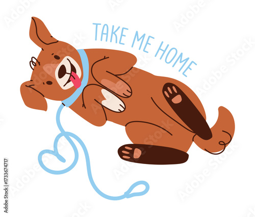 A happy dog ​​with the sign "Take me home." Animal adoption. Flat illustration.