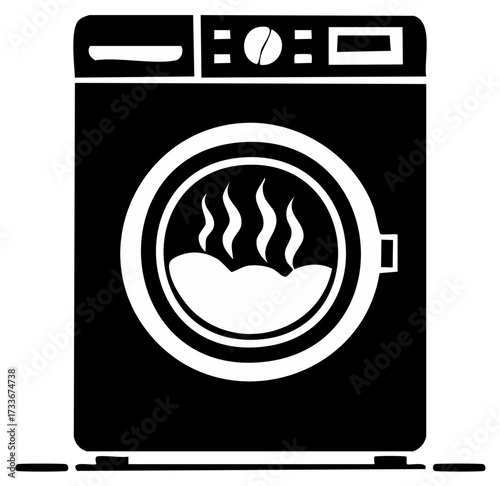 Washing machine with steaming laundry inside, front load dryer appliance icon