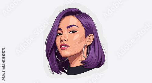 Chic and modern vector portrait of a stylish Asian woman with vibrant purple hair. Character illustration for a sticker or avatar