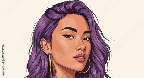 Portrait of an Asian Woman with Purple Hair, Showcasing Modern Beauty and Style