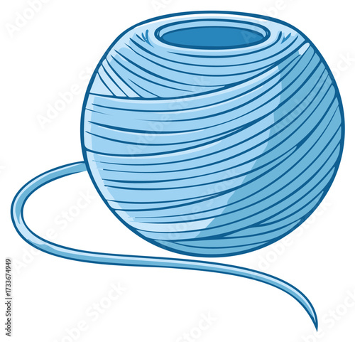 Cartoon blue ball of yarn with loose thread for knitting and crafting hobbies