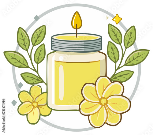 Aromatic candle illustration with flowers and leaves surrounded by a circle