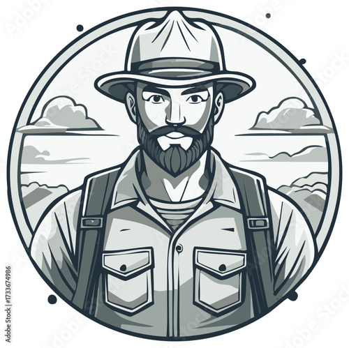 Rugged bearded hiker adventurer man in hat, outdoor exploration emblem illustration