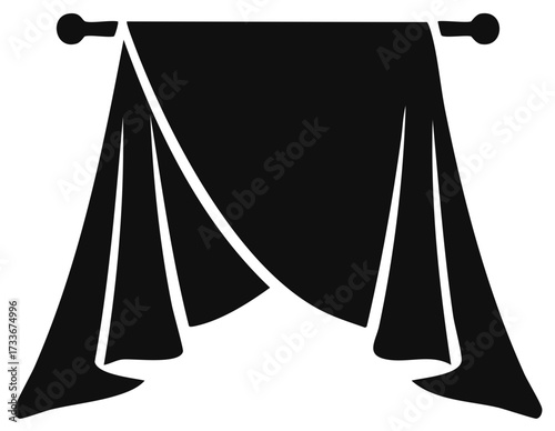 Silhouette of a draped curtain with rod and finials in a simplified minimalist style