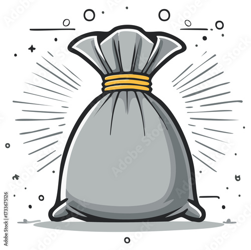 Iconic gray money bag with yellow tie and radiating lines symbolizing wealth and luck