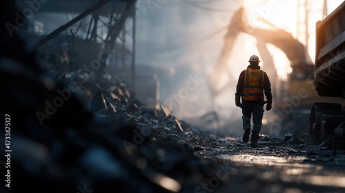Construction Worker Walking Through Large Debris at Construction Site