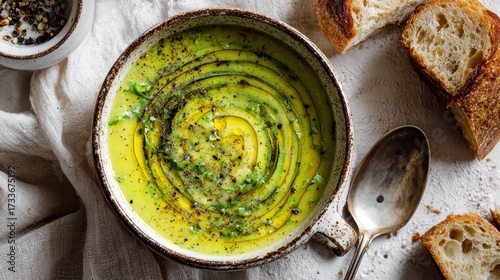 Creamy Green Soup with Bread and Spoon on White Cloth.