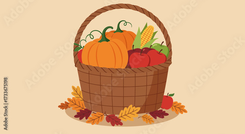 Abundant harvest basket overflowing with vibrant pumpkins apples corn and autumn leaves a perfect celebration of fall bounty and seasonal joy