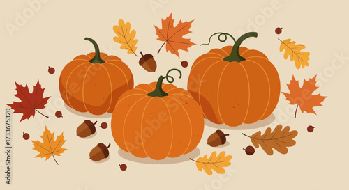 Vibrant autumn harvest scene with pumpkins, acorns, and colorful falling leaves creating a festive seasonal display