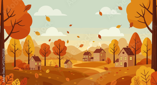 Charming autumn village scene with cozy houses nestled amongst vibrant fall foliage and falling leaves creating a warm, inviting atmosphere