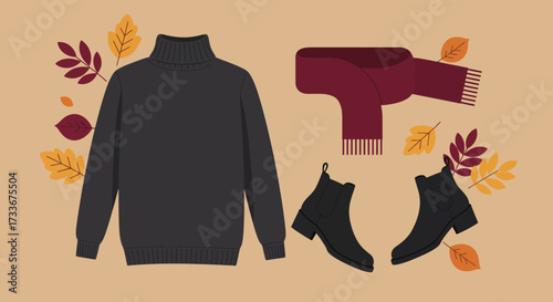 Cozy autumn fashion essentials including a dark turtleneck sweater, scarf, and stylish boots surrounded by vibrant fall leaves.