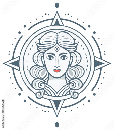 Divine Goddess Face Illustration with Third Eye and Compass Rose Design
