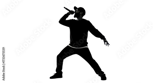 Silhouette of a man singing into a microphone isolated PNG with Transparent Background