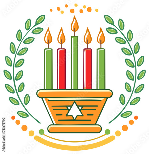 Artistic Kwanzaa kinara with five lit candles surrounded by a leafy wreath