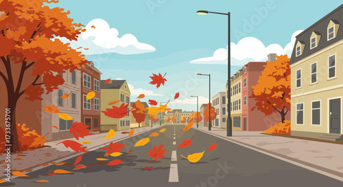 Vibrant autumn street scene with colorful falling leaves and charming townhouses evokes cozy seasonal vibes and picturesque urban charm