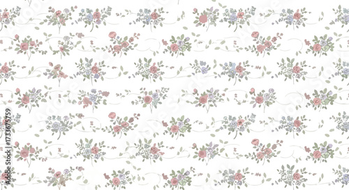 Delicate repeating pattern of small pastel floral bouquets and scattered leaves on a white background, ideal for textiles or wallpaper.
